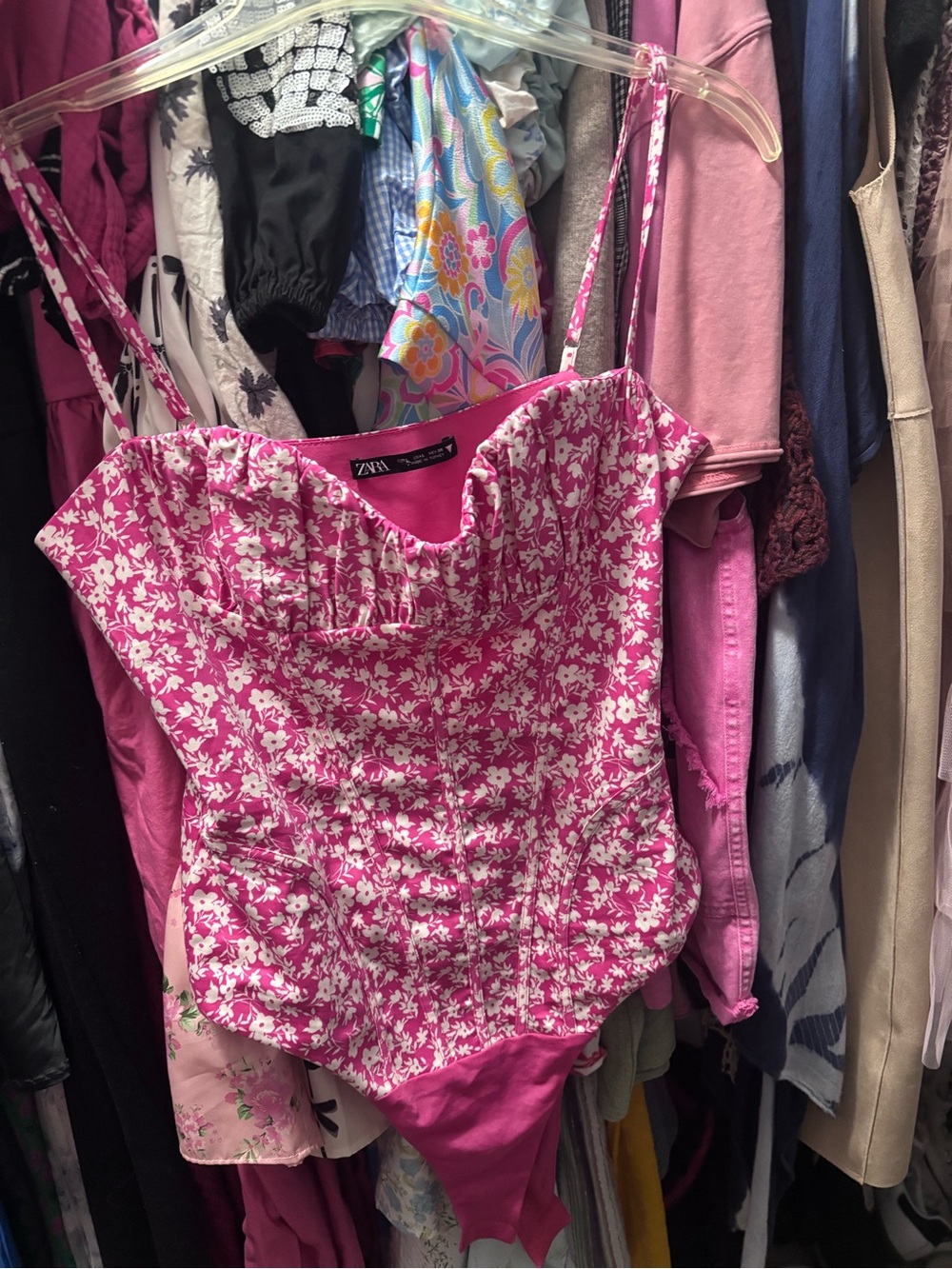 Zara Pink Floral Sweetheart Bodysuit Top